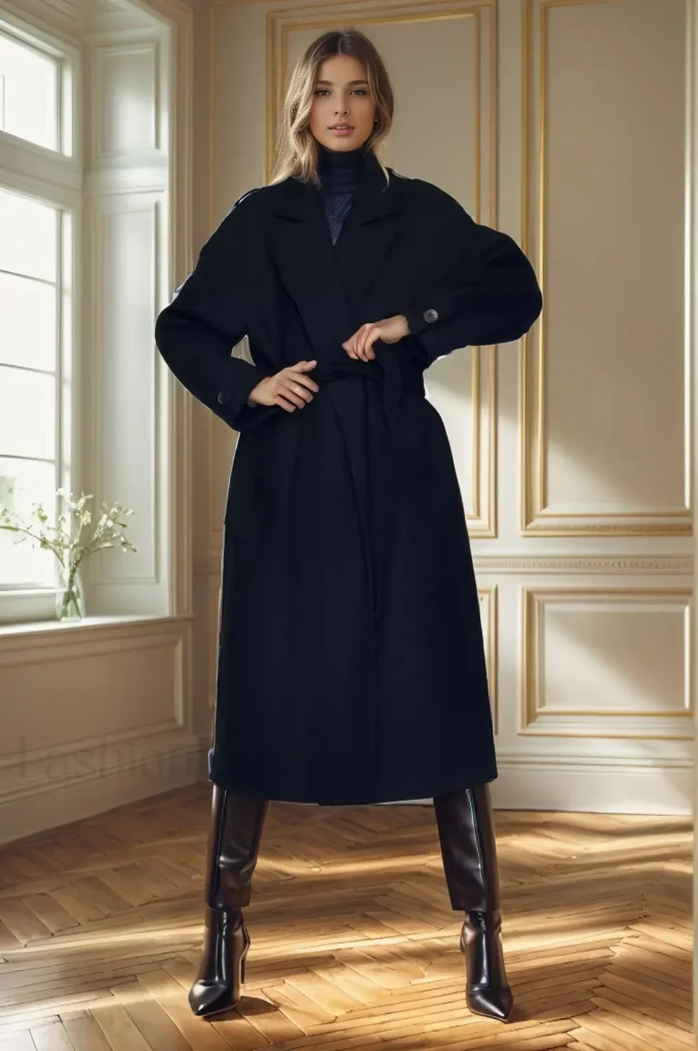 Retro Solid Woolen Coat Women Knee High Thick Turn-Down Overcoat - Image 11
