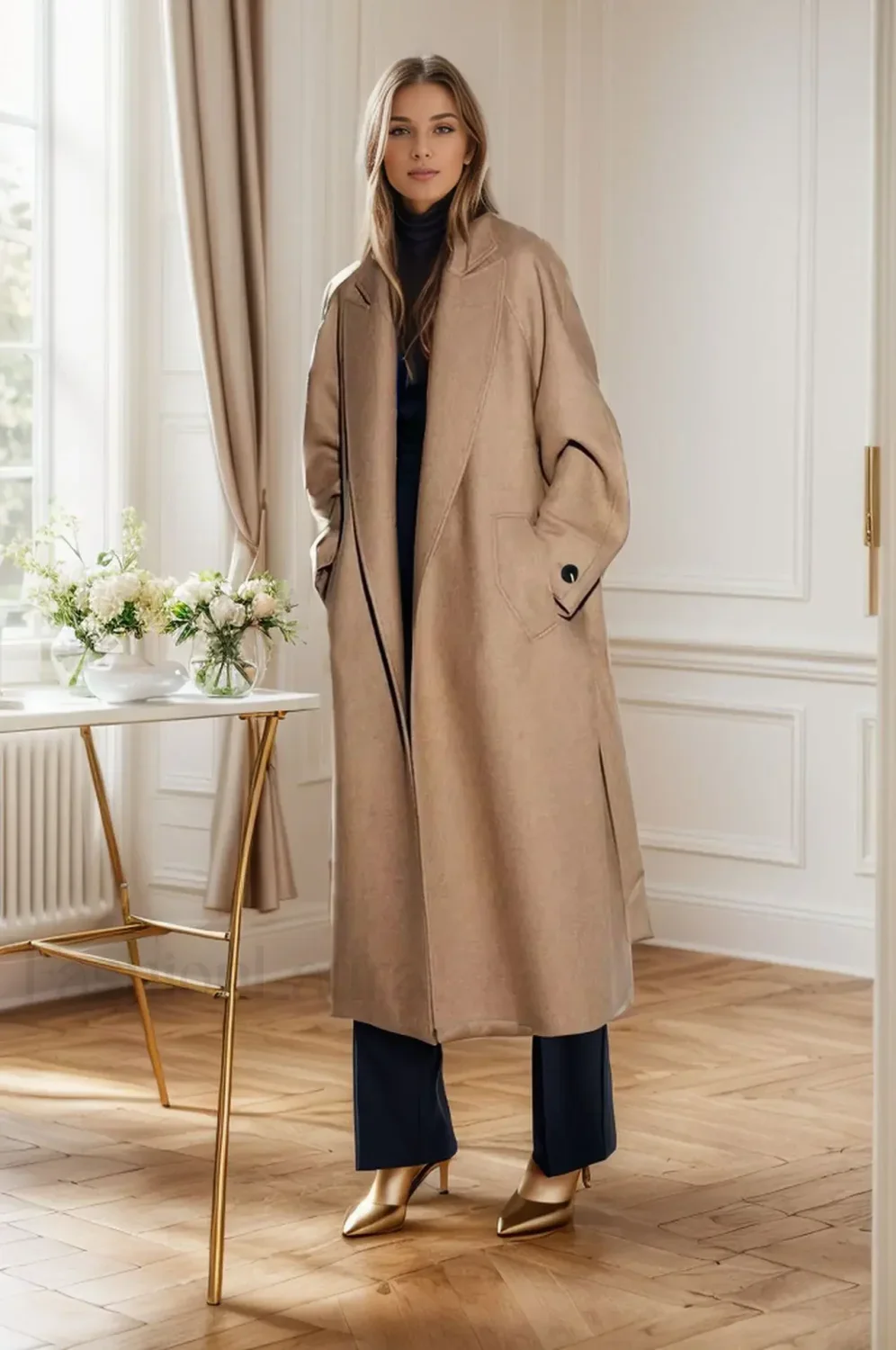 Retro Solid Woolen Coat Women Knee High Thick Turn-Down Overcoat - Image 12