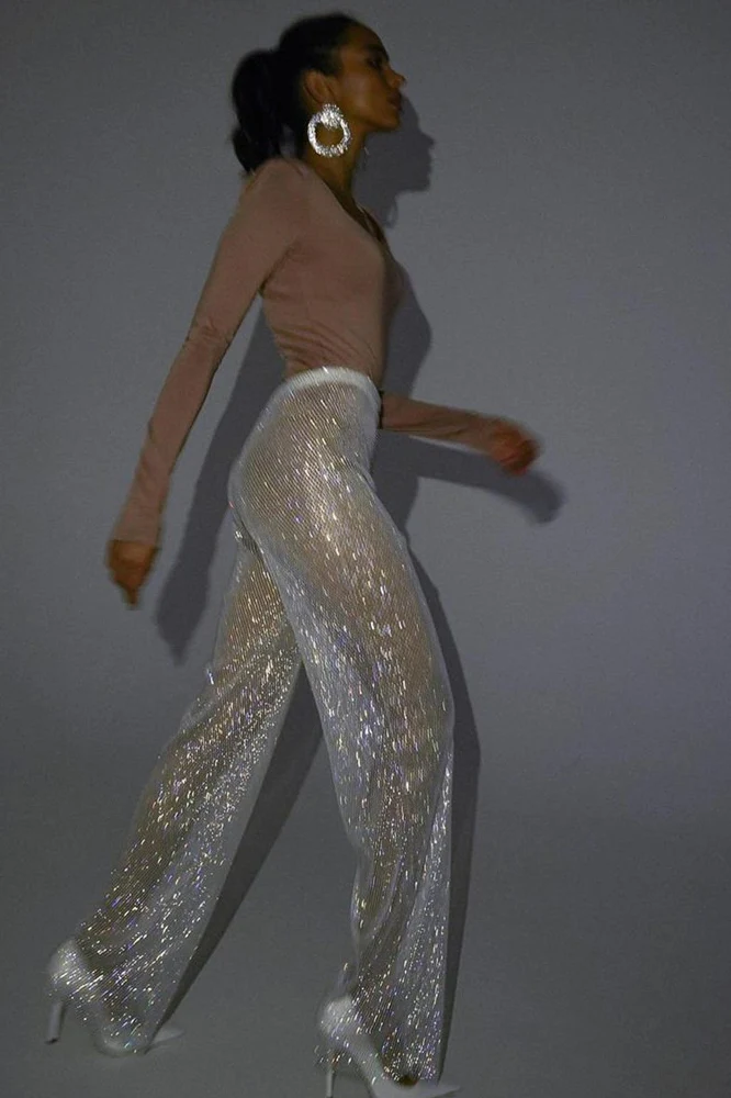 Rhinestone Mesh Trim Wide Leg Pants - Image 4