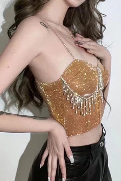 Rhinestone Trimmed Bardot Fringe Crop Top - Image 3