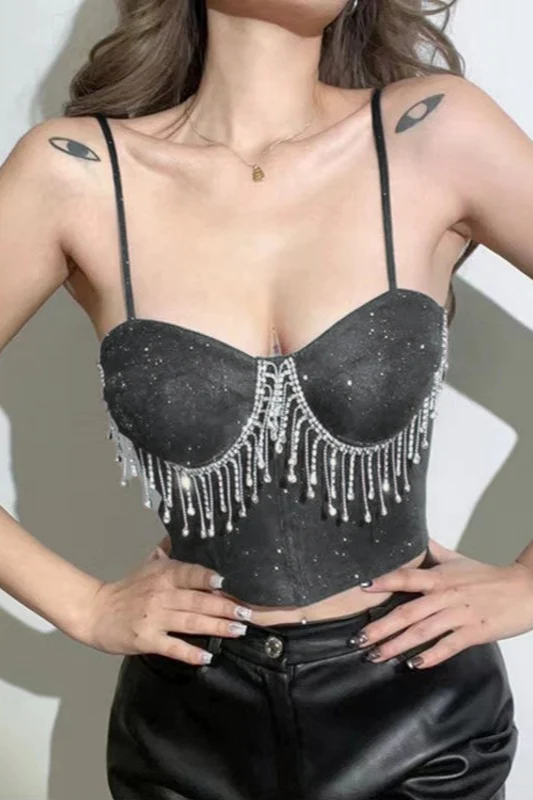Rhinestone Trimmed Bardot Fringe Crop Top - Image 4