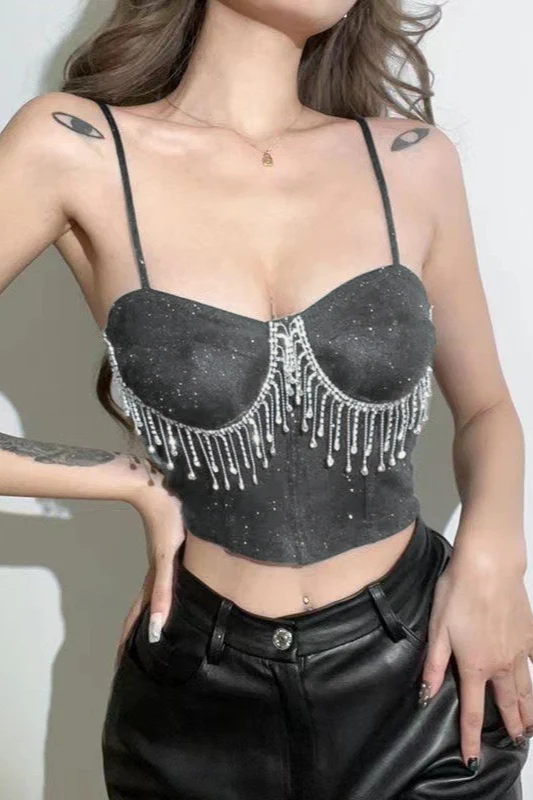 Rhinestone Trimmed Bardot Fringe Crop Top - Image 5