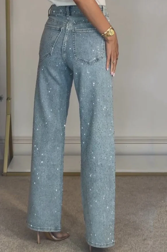 Rhinestone Washed High Waist Straight Jeans - Image 2