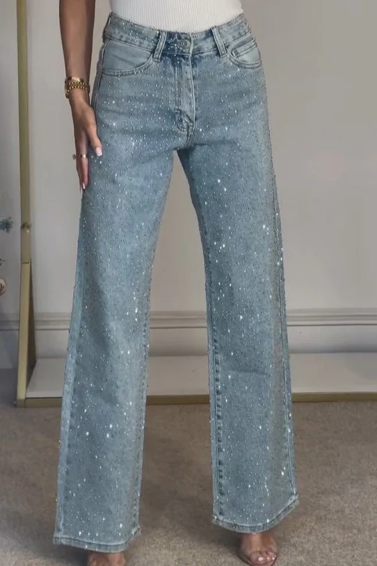 Rhinestone Washed High Waist Straight Jeans - Image 3