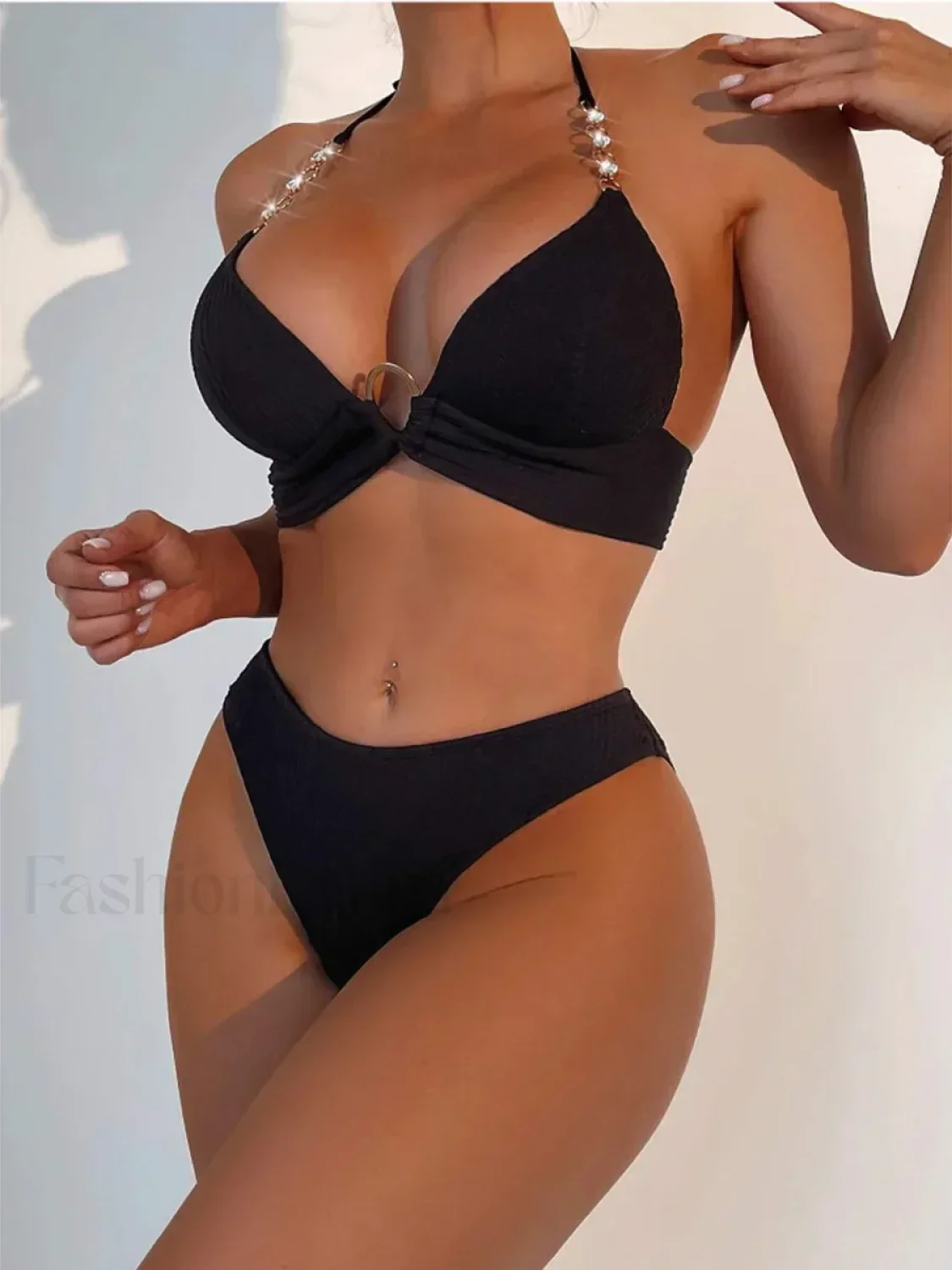 Ribbed Halter Bra Cup Bikini Set - Image 2