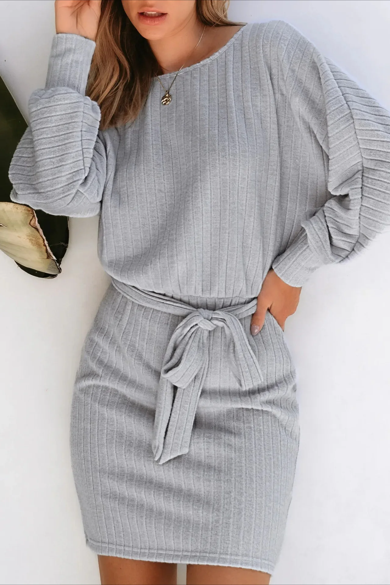 Ribbed Knit Belted Sweater Dress - Image 2