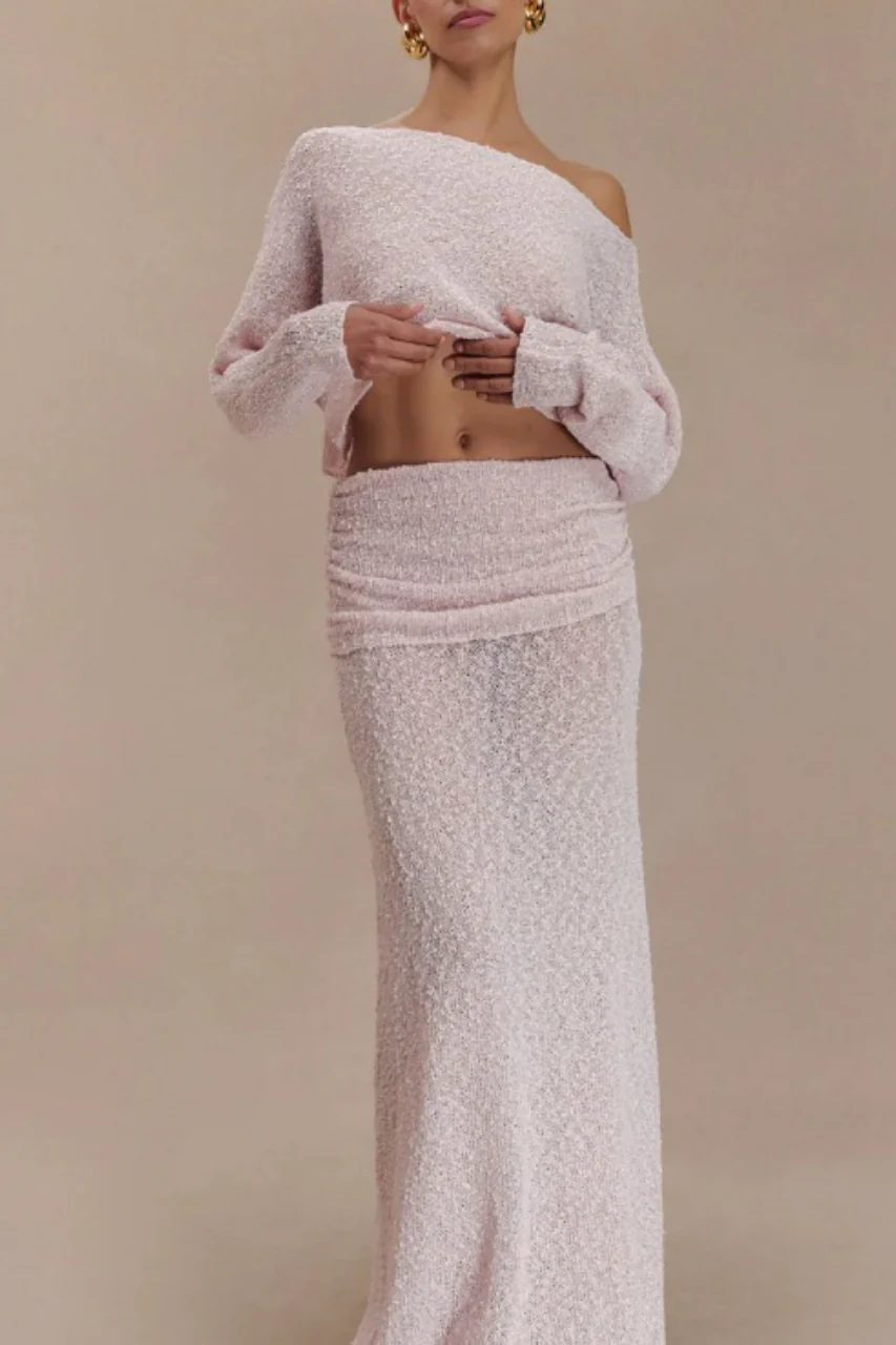 Ribbed Knit Off Shoulder Maxi Skirt Set - Image 2