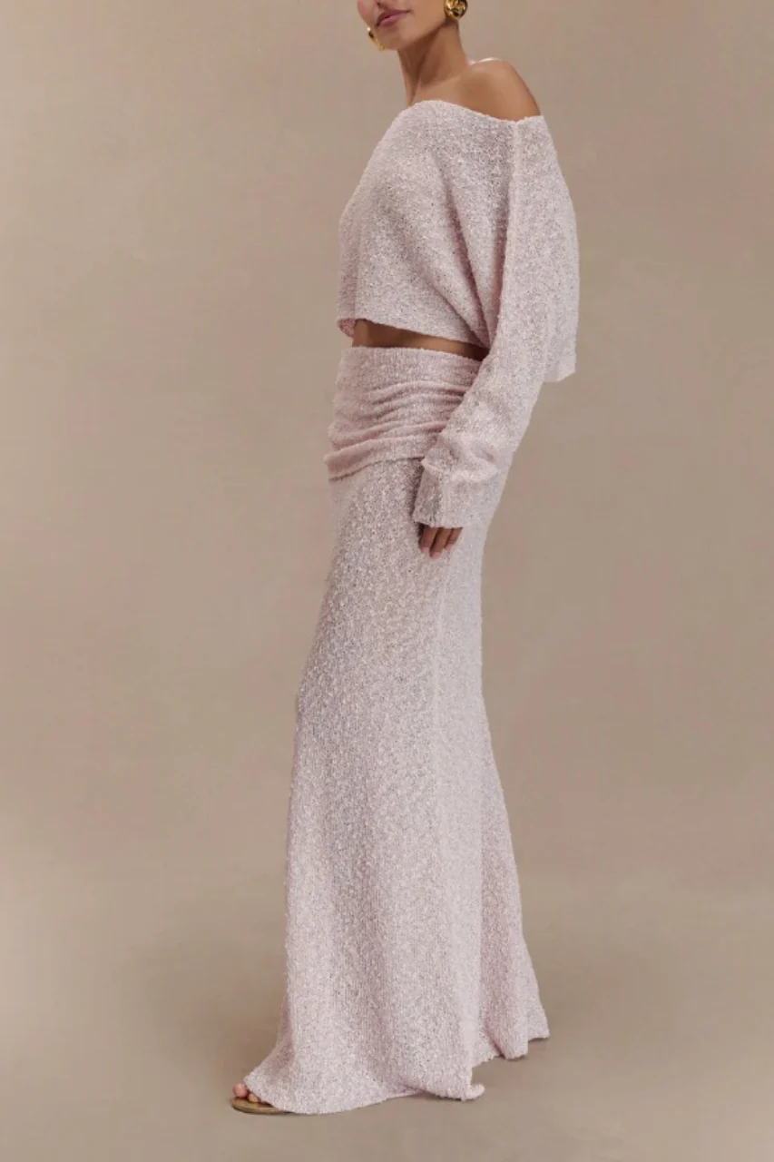 Ribbed Knit Off Shoulder Maxi Skirt Set - Image 3
