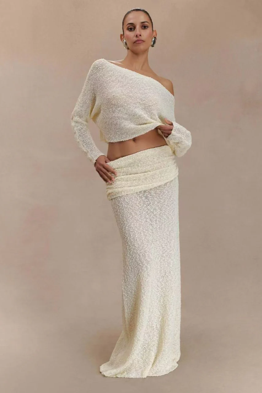 Ribbed Knit Off Shoulder Maxi Skirt Set - Image 4
