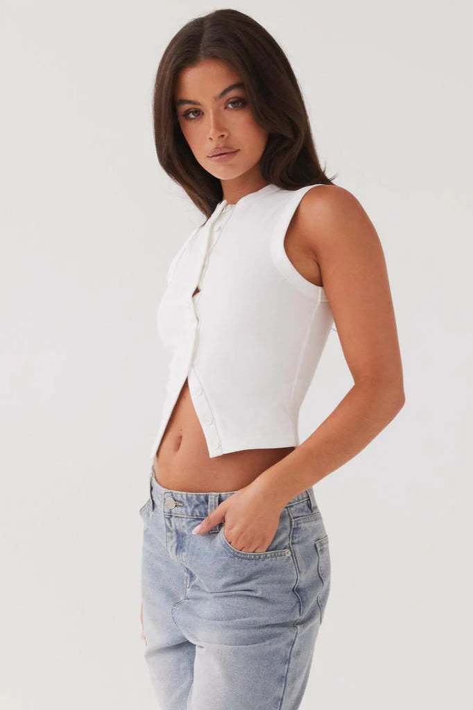 Round Neck Button Detail Ribbed Slim Tank Top - Image 11