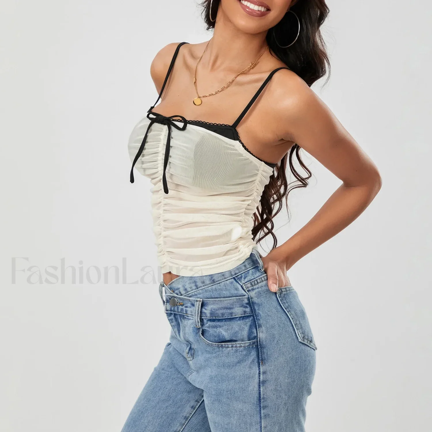 Ruched Contrast Tie-Up Crop Top - Image 3
