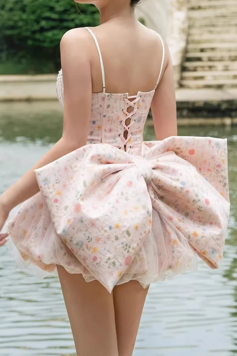 Ruched Corset Bow A Line Mini Floral Dress - Image 2