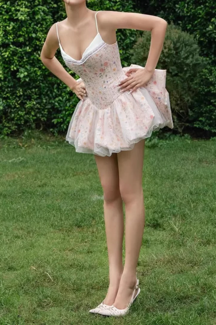 Ruched Corset Bow A Line Mini Floral Dress - Image 4