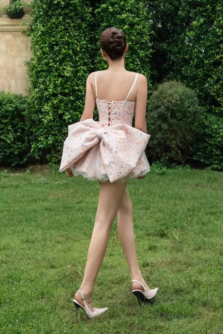 Ruched Corset Bow A Line Mini Floral Dress - Image 5