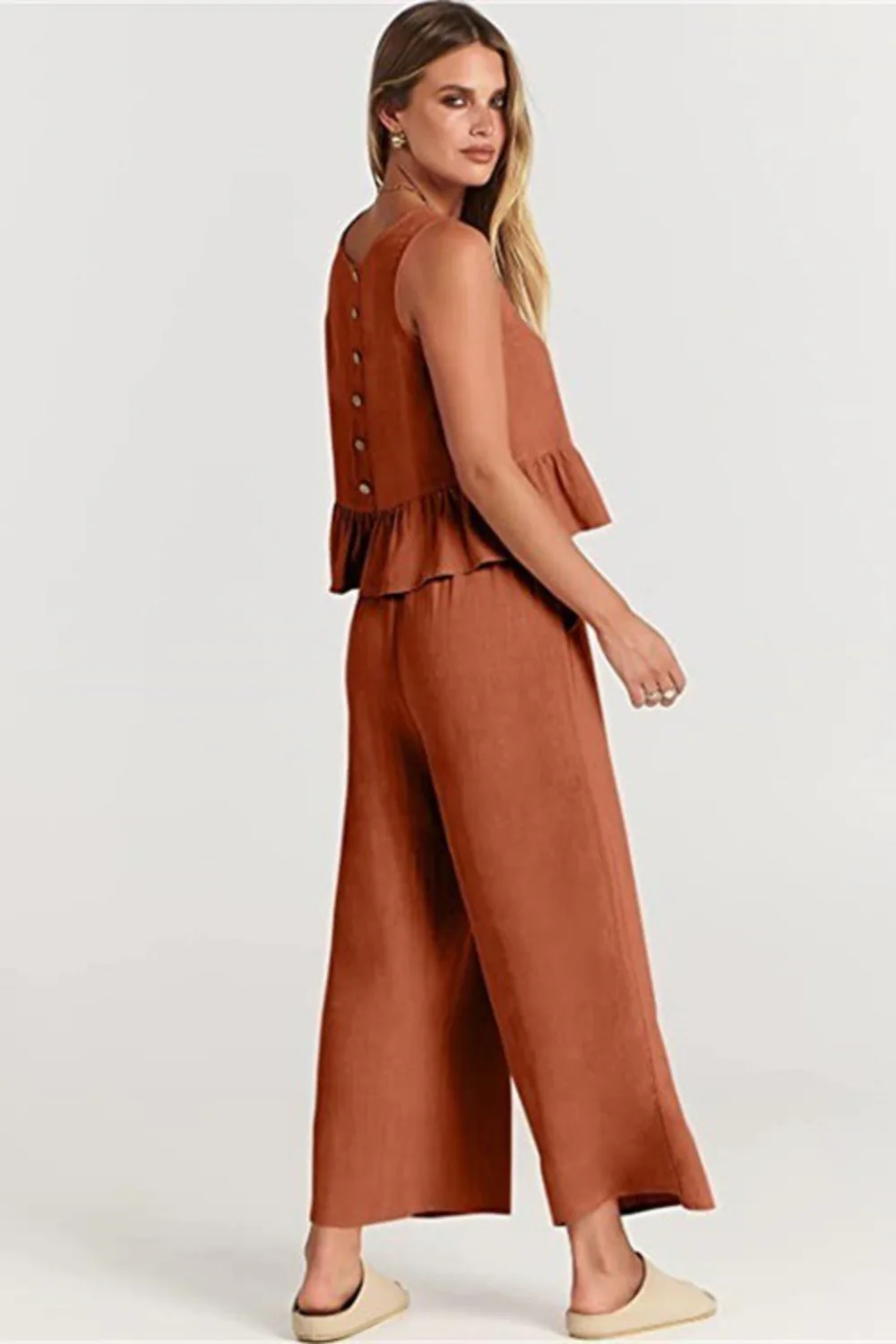 Ruffle Back Button Crop Two Piece Pants Set - Image 15