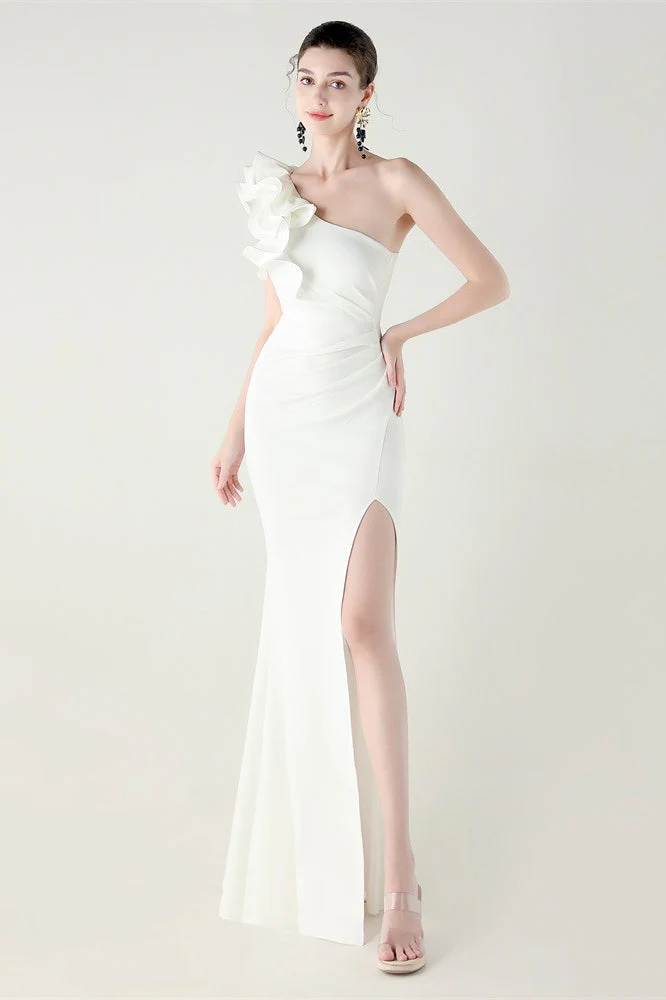 Ruffled Floral One Shoulder Satin Party Dress