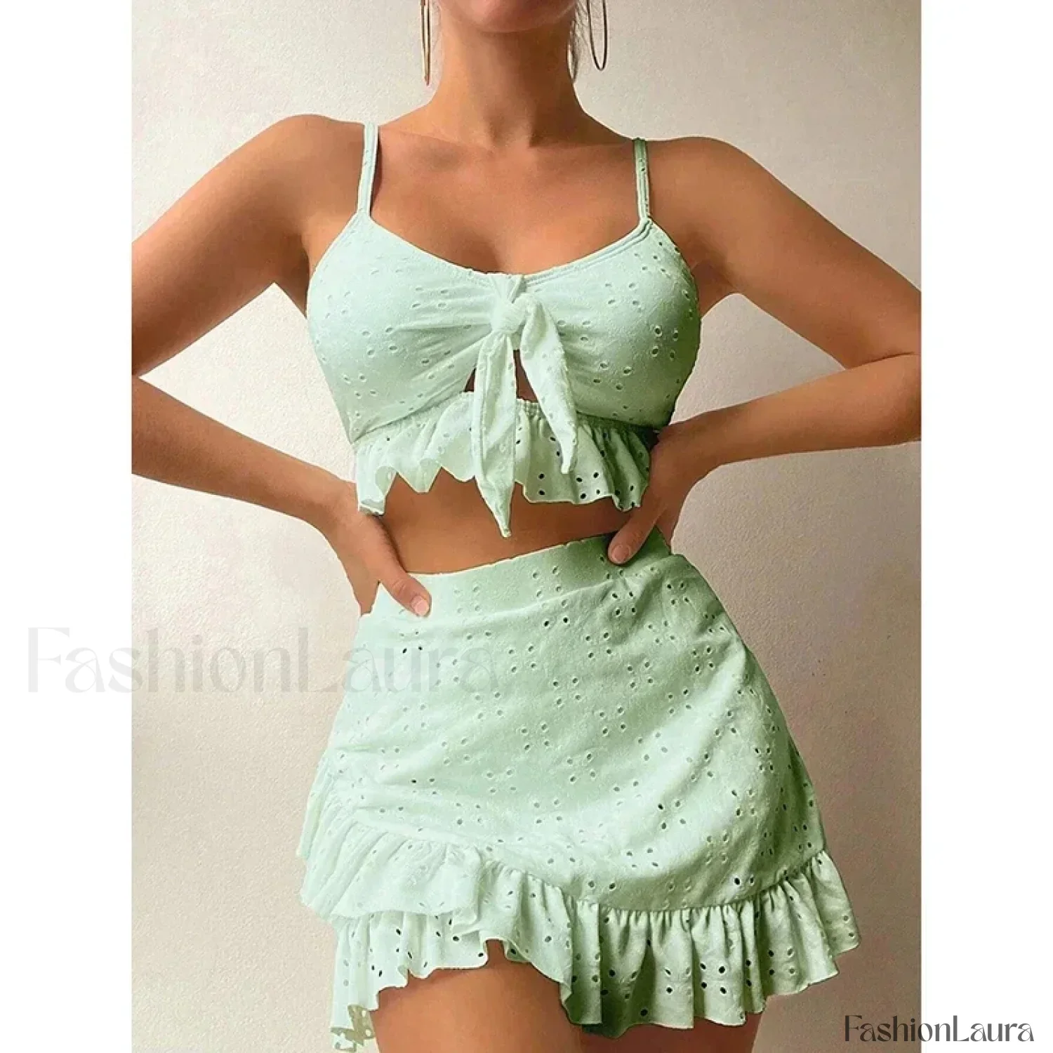 Ruffled Hollow Bow Asymmetrical Three Piece Set - Image 23