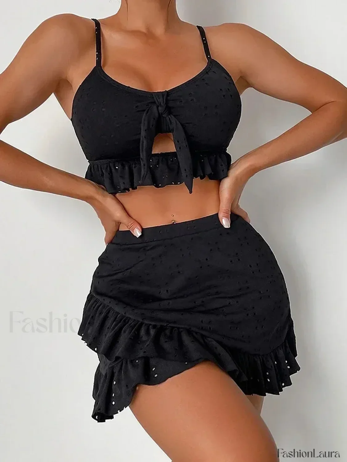Ruffled Hollow Bow Asymmetrical Three Piece Set - Image 32