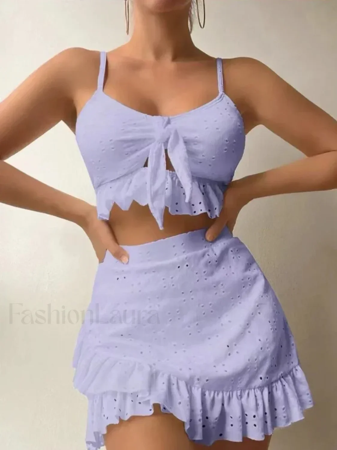 Ruffled Hollow Bow Asymmetrical Three Piece Set - Image 4