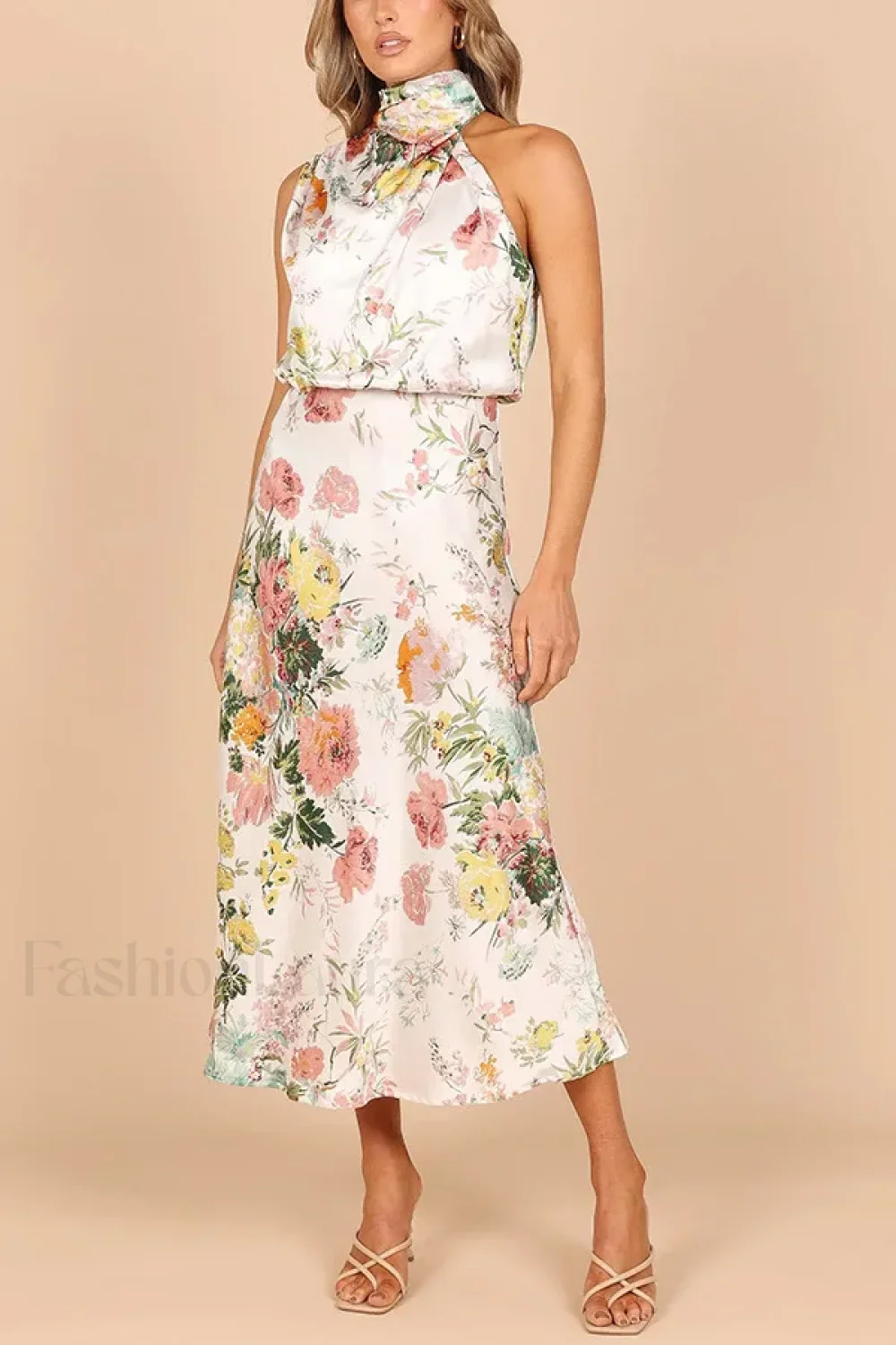 Satin Halter A-Line Floral Dress - Image 12