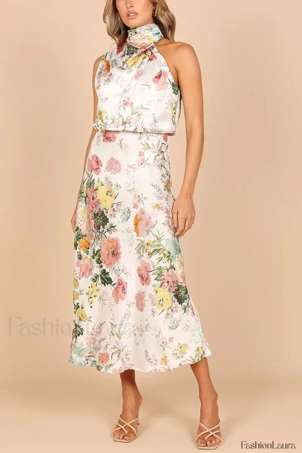 Satin Halter A-Line Floral Dress - Image 18