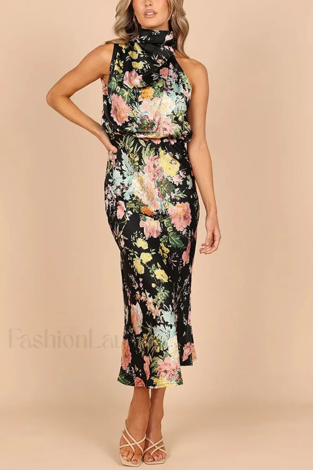 Satin Halter A-Line Floral Dress - Image 3