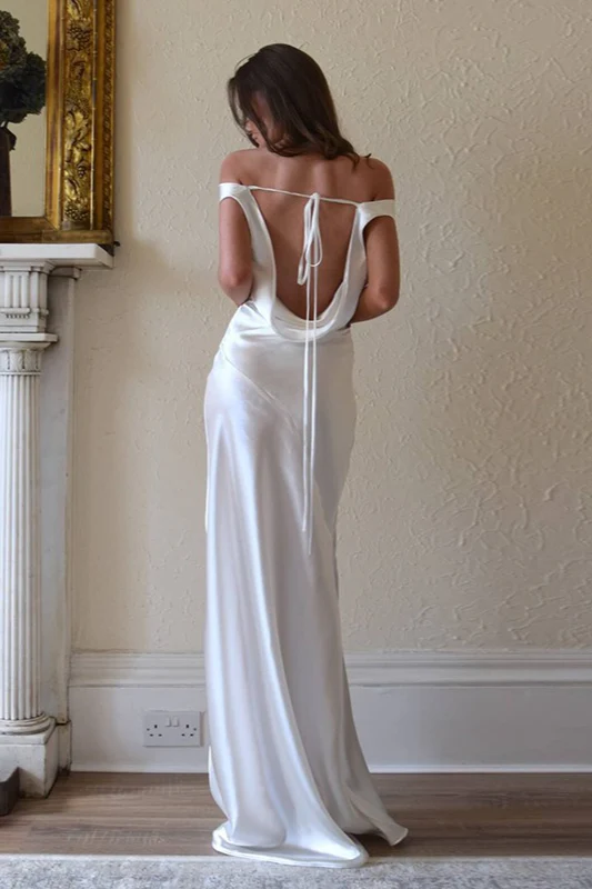 Satin Off Shoulder Backless Tie Waist Slim Fit Long Sexy Prom Dress - Image 4