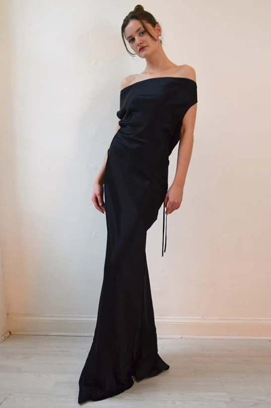 Satin Off Shoulder Backless Tie Waist Slim Fit Long Sexy Prom Dress - Image 5