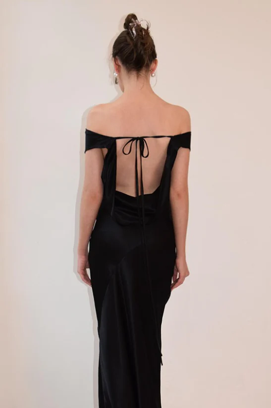 Satin Off Shoulder Backless Tie Waist Slim Fit Long Sexy Prom Dress - Image 7