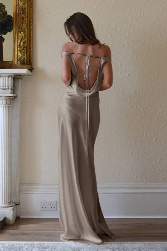 Satin Off Shoulder Backless Tie Waist Slim Fit Long Sexy Prom Dress - Image 9