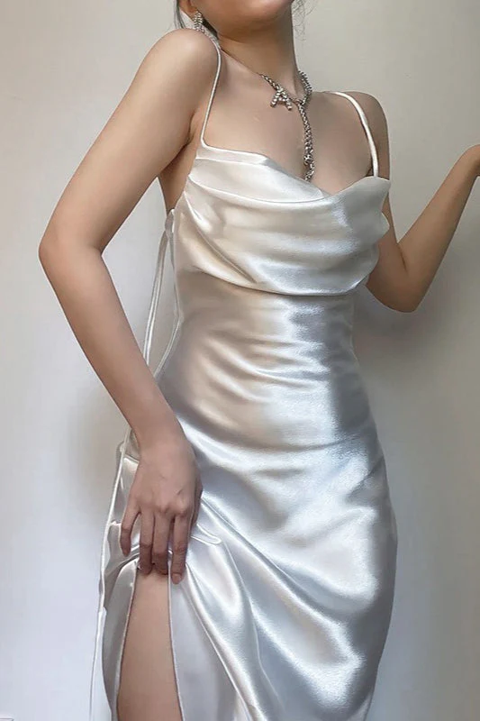 Satin Slip Asymmetrical Ruched Cocktail Dress - Image 2