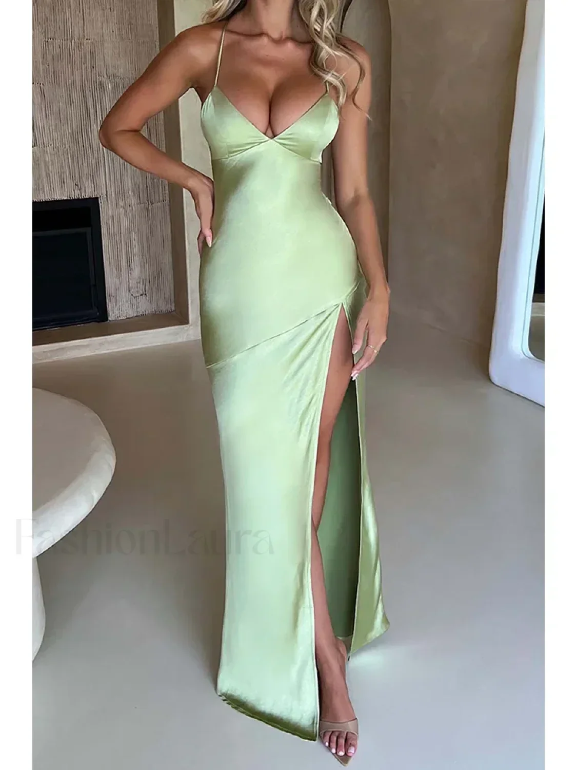 Satin Split Lace-Up Maxi Dress - Image 5