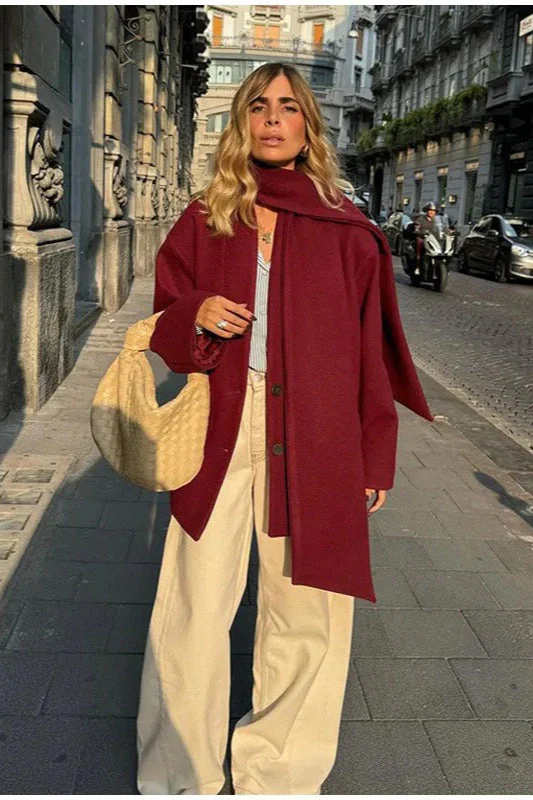 Scarf Collar Single Breasted Wool Coat - Image 2