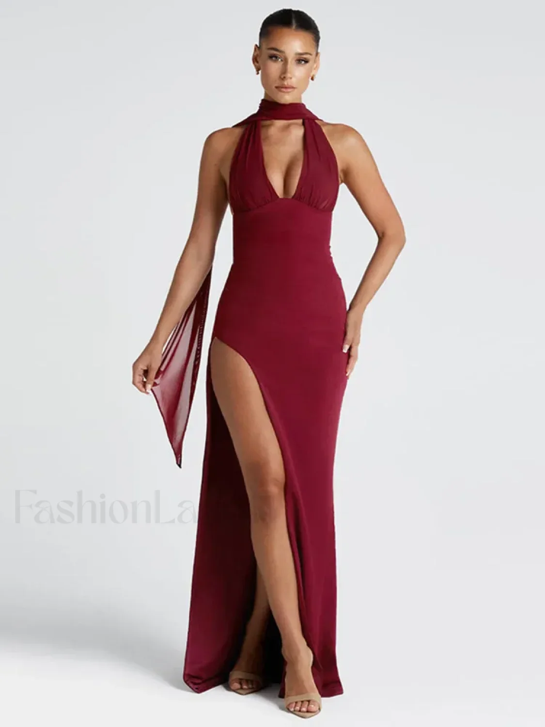 Scarf Split Deep V Maxi Dress - Image 11