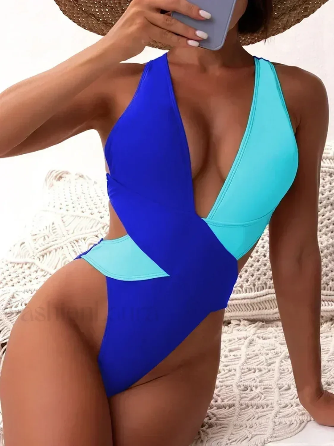 Scrunch V Neck Cross Backless One Piece - Image 4