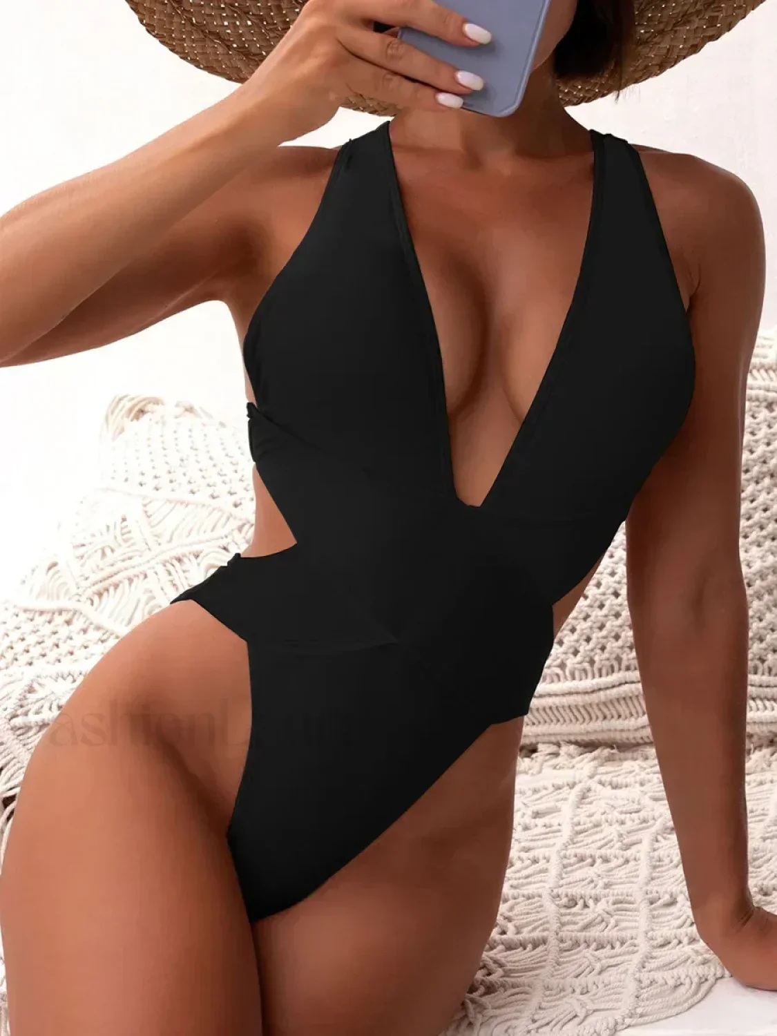 Scrunch V Neck Cross Backless One Piece - Image 7