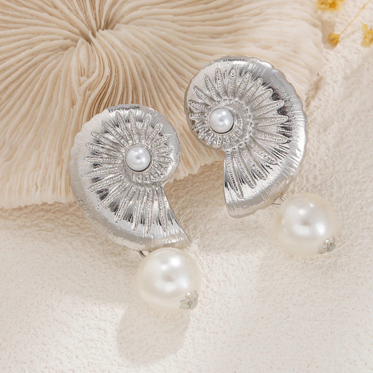 Seashell Pearl Mix Textured Stud Earrings - Image 6