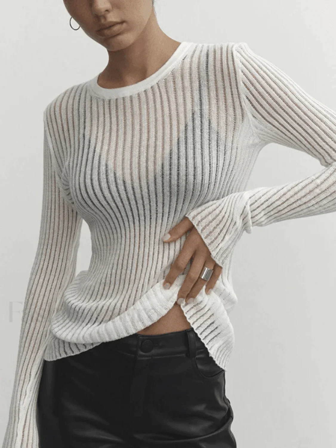 See Through Long Sleeve Ribbed Knit Top - Image 11