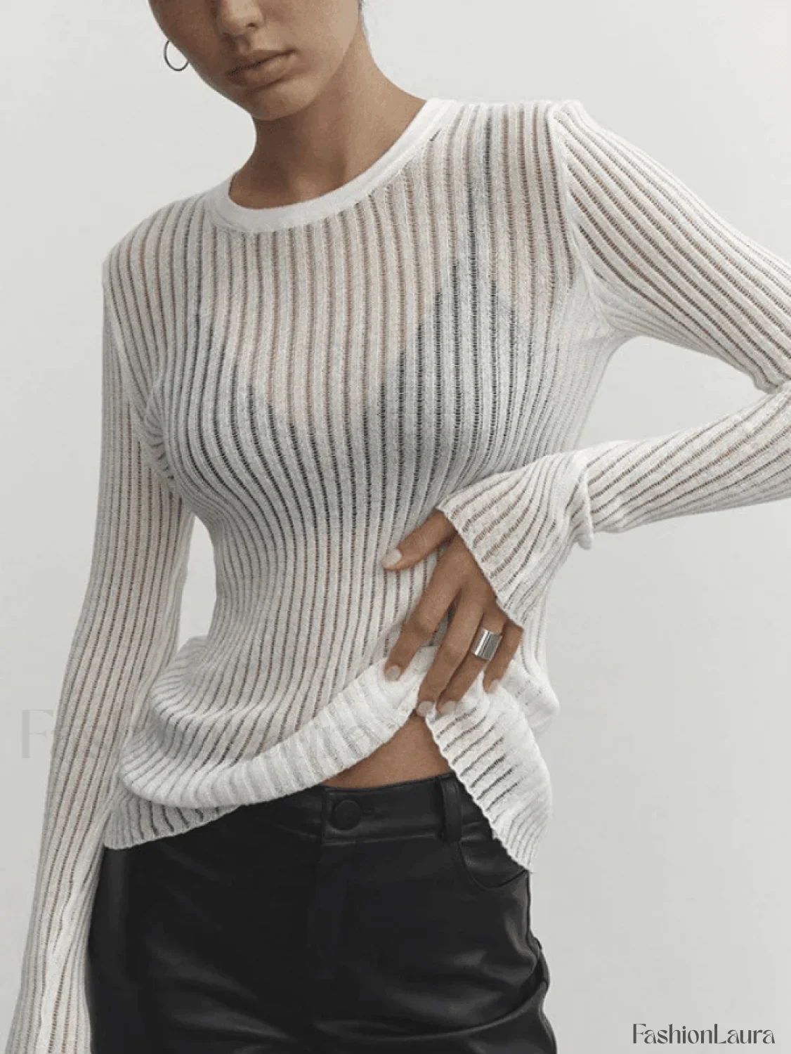 See Through Long Sleeve Ribbed Knit Top - Image 16