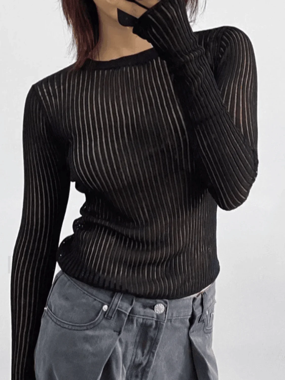 See Through Long Sleeve Ribbed Knit Top - Image 9