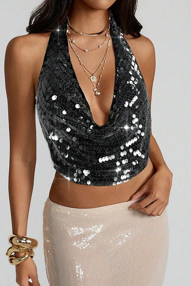 Sequin Backless Halter Halter Top - Image 9