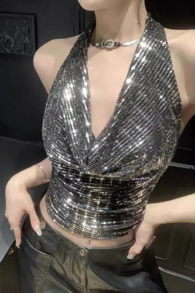 Sequin Halter Backless Halter Top
