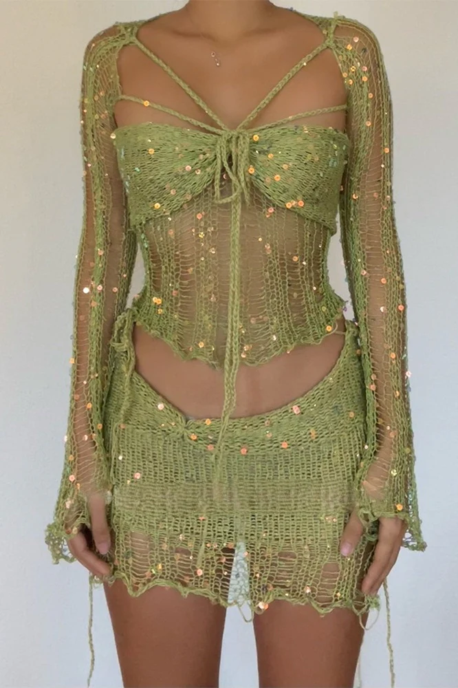 Sequin Knit Cutout Sweater Three Piece Skirt Set