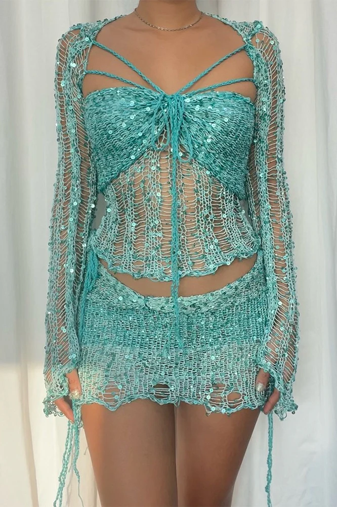 Sequin Knit Cutout Sweater Three Piece Skirt Set - Image 10