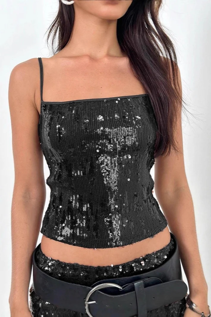 Sequin Low Cut Spaghetti Strap Crop Top - Image 4