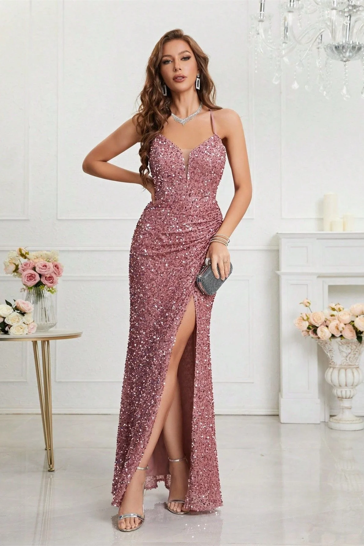Sequin V Neck Bodycon Formal Dress - Image 2