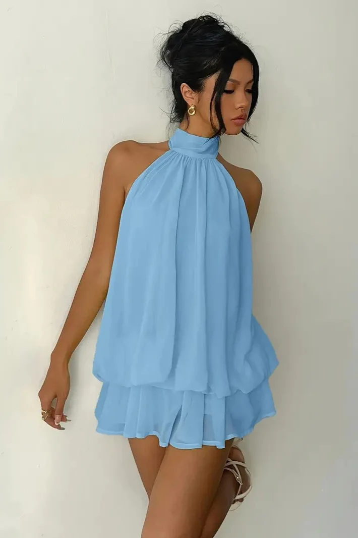 Sexy Backless Halter Tie Waist Slim Fit Ruffled Mini Dress - Image 12