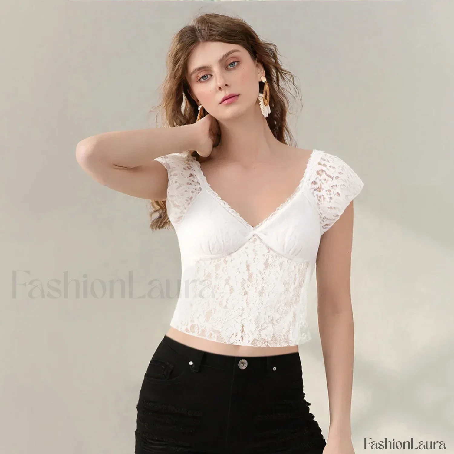 Sexy Cap Sleeve Lace Crop Top T-Shirt - Image 9