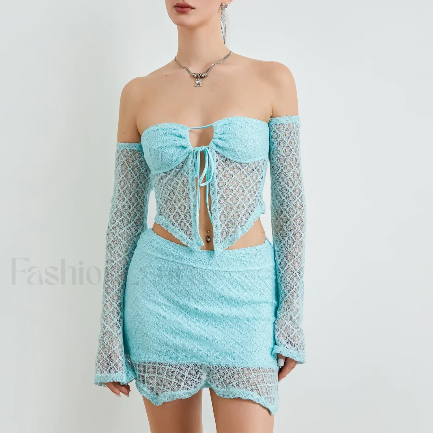 Sexy Crochet Knit Bodycon Skirt Two Piece Set - Image 3