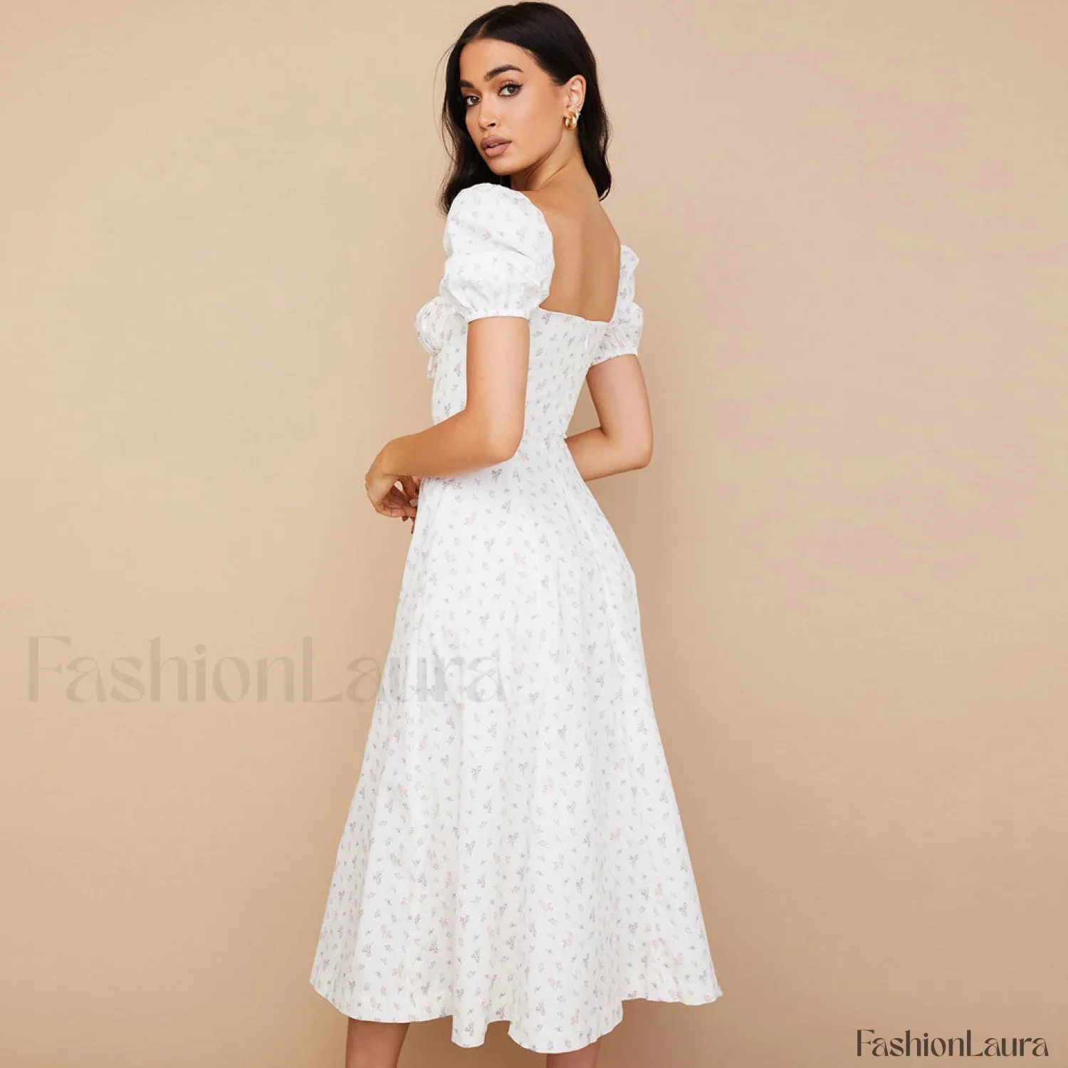 Daisy Printed Puff Sleeve High Slit Smock Maxi Sundress - White - Image 10